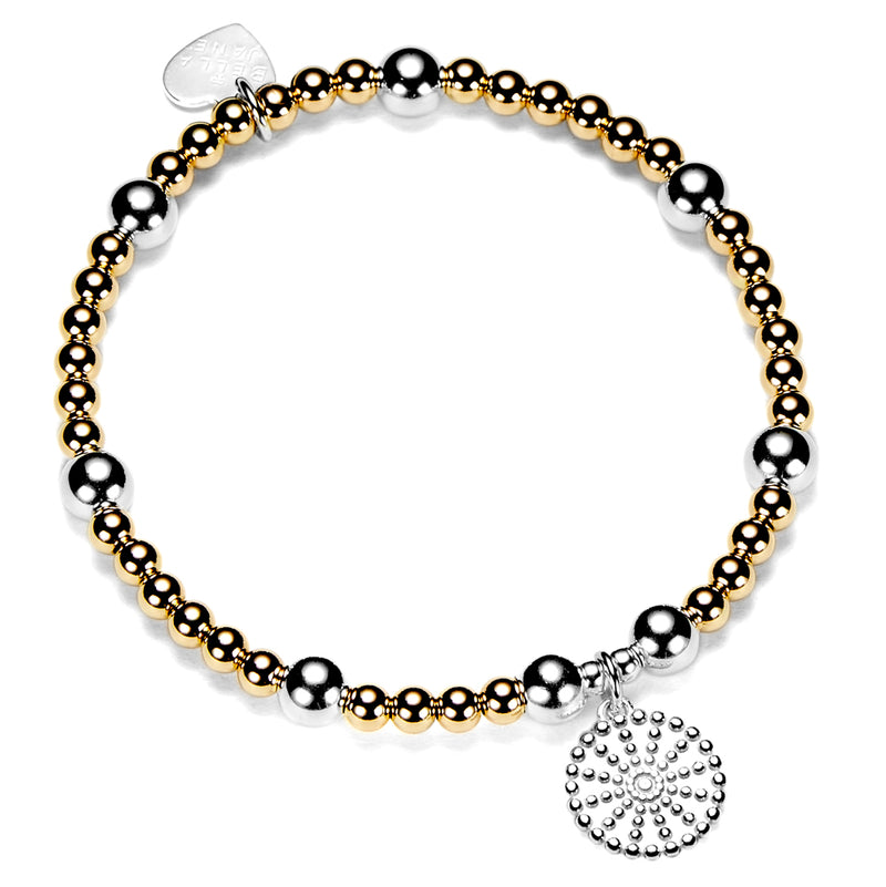 gold beaded stacking bracelet with sterling silver bobble disc charm to be engraved with words of your choice