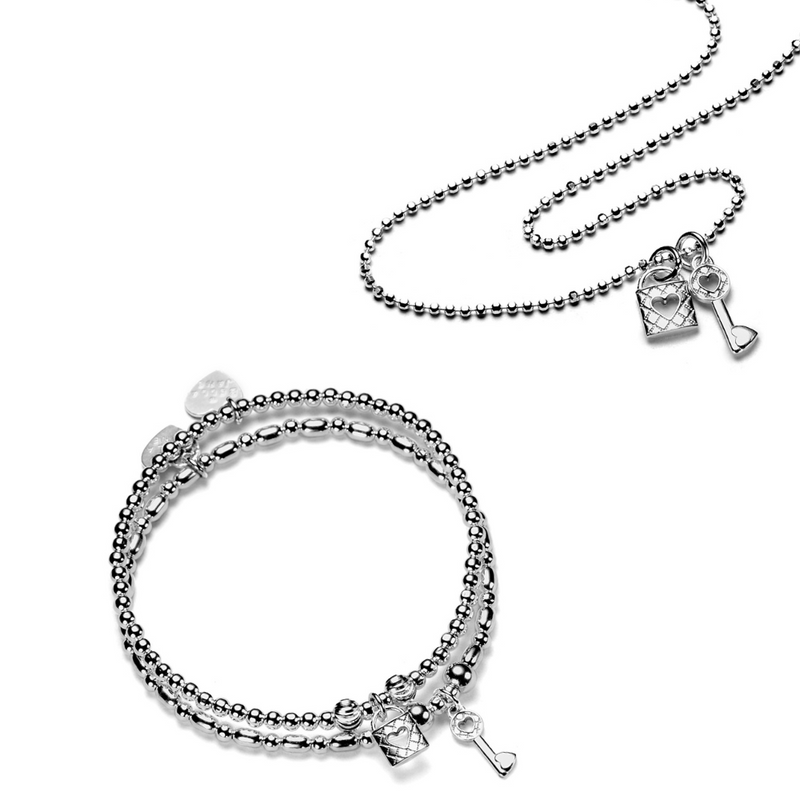 Heart Padlock and Key Bracelet and Necklace Set
