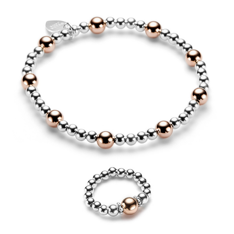 Silver and Rose Gold Beaded Bracelet and Ring Set