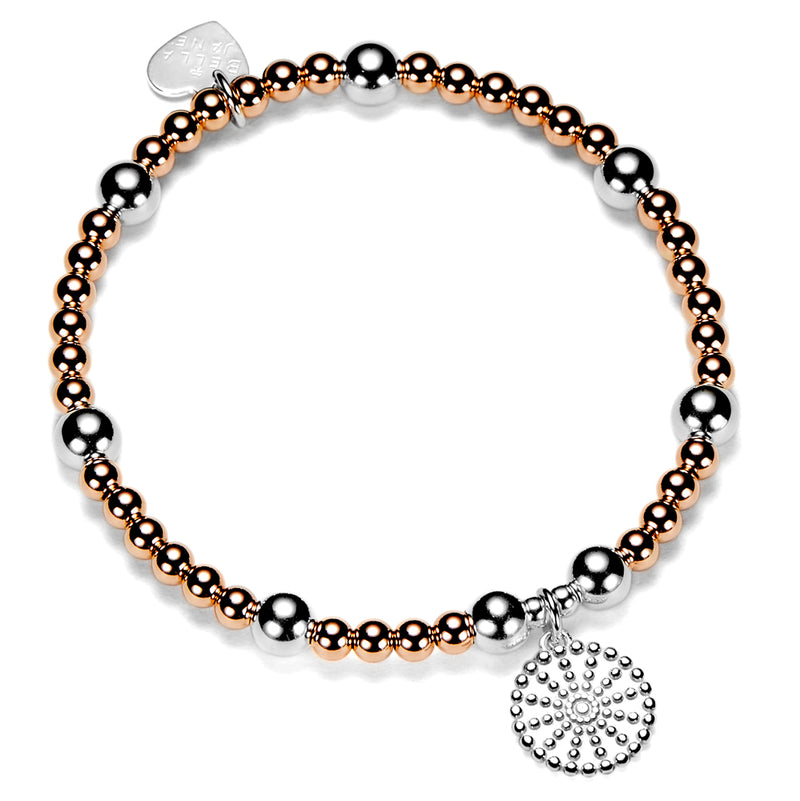 rose gold beaded stacking bracelet with sterling silver bobble heart disc charm to be engraved with the words of your choice